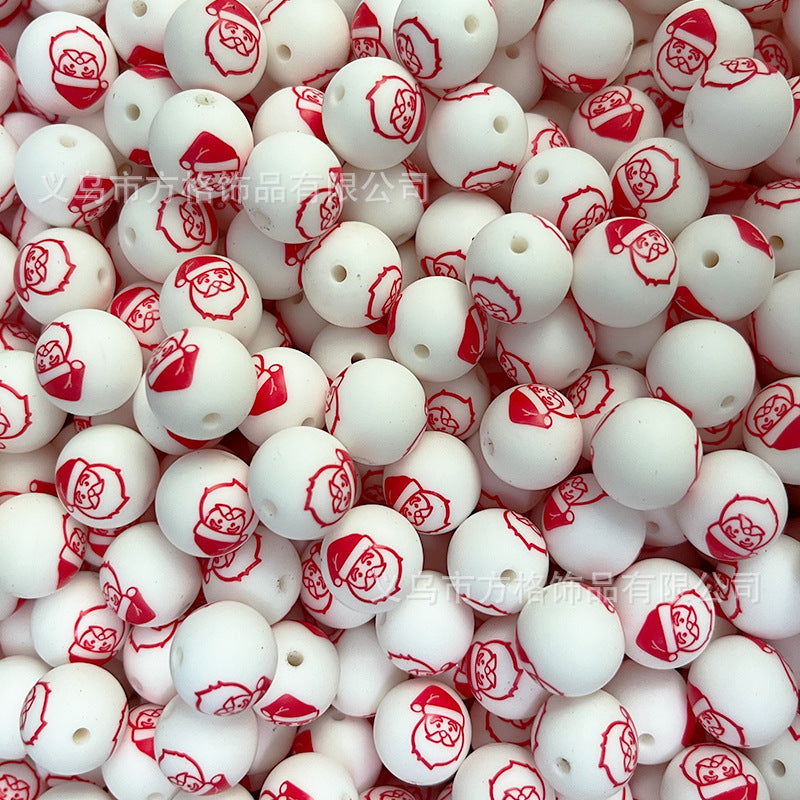 Wholesale 50pcs DIY Christmas Snowman Christmas Tree Printing 15mm Silicone Beads